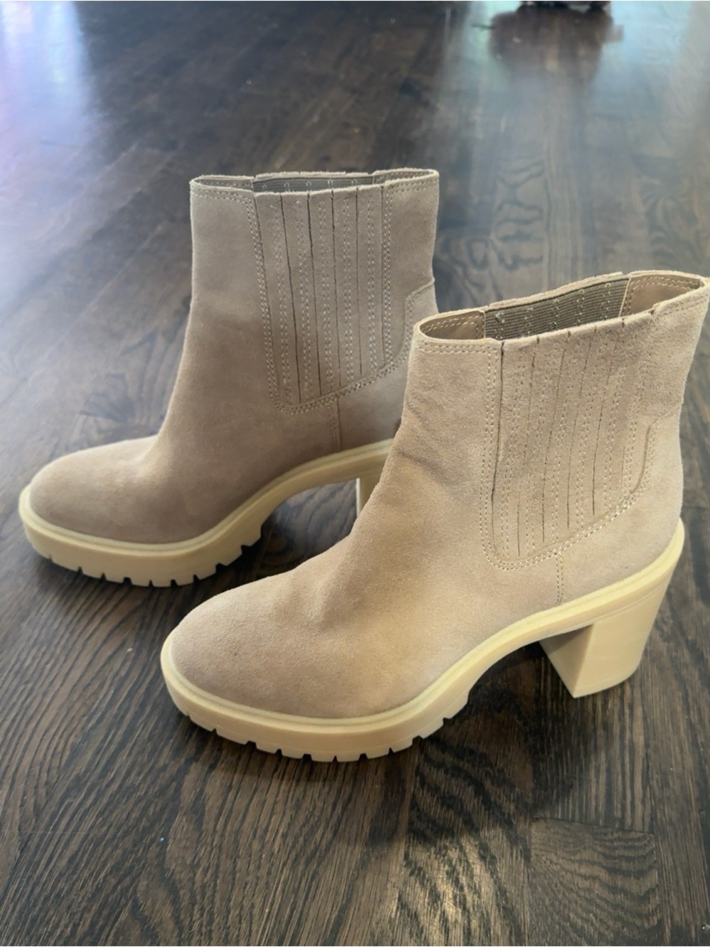Dolce Vita Taupe Suede Lug Sole Chelsea Booties